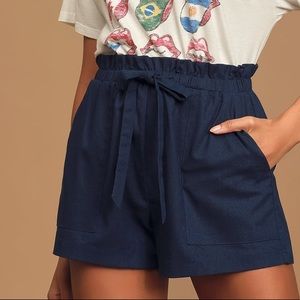 Navy blue indigo high rise waist paper bag shorts